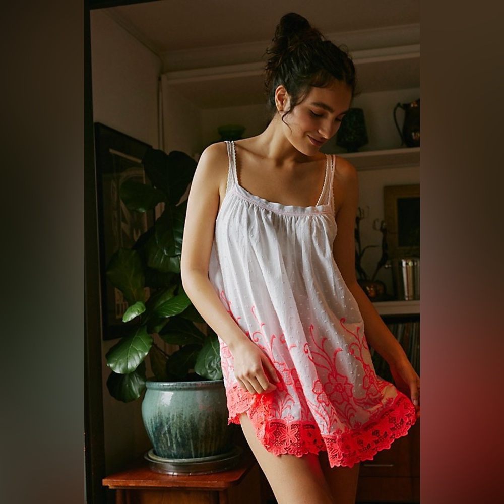 Free People White and Red Embroidered Dress